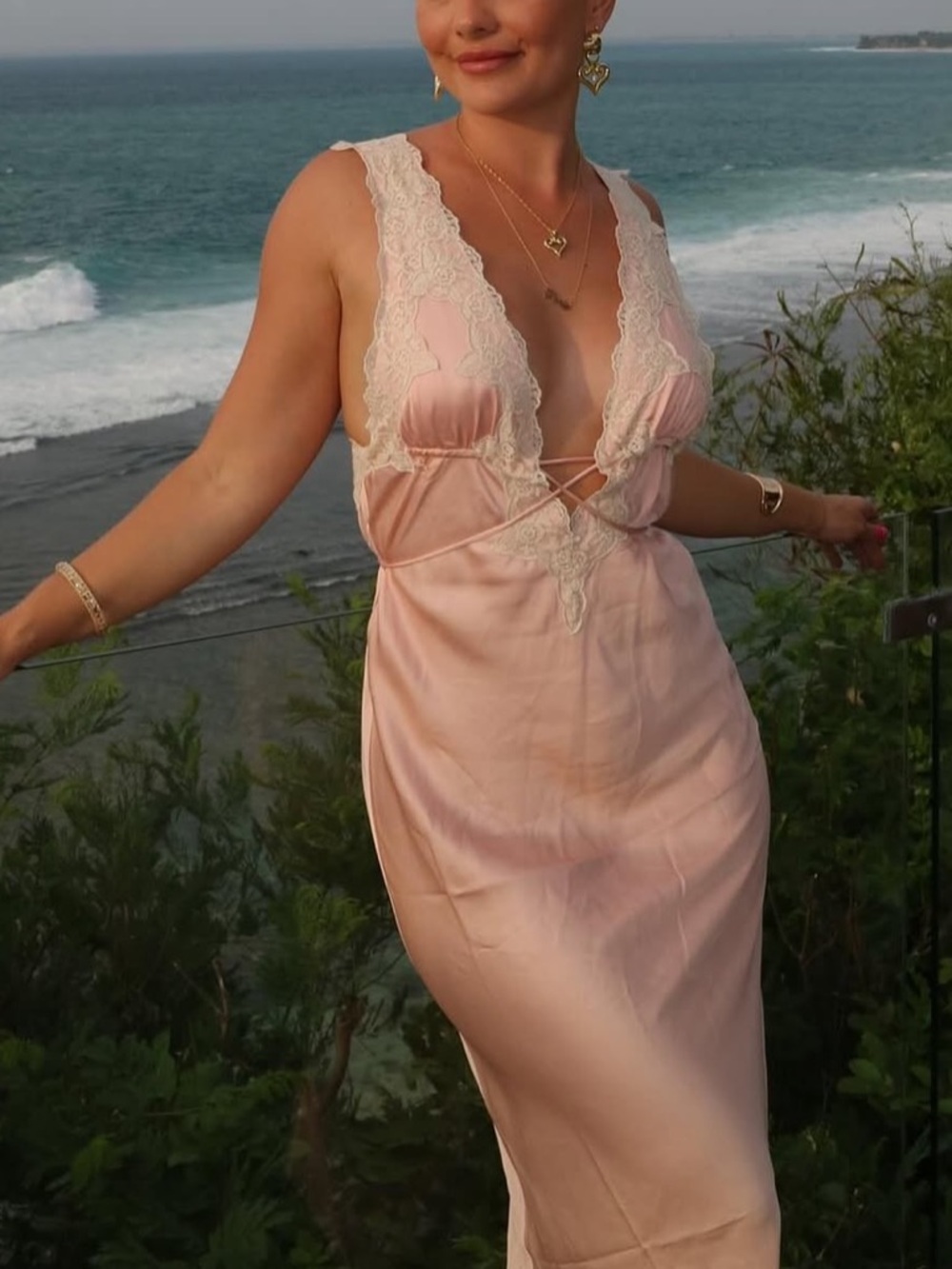 NWT Rumored Lace-Trim Satin Slip Dress - Pink